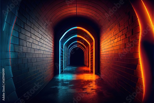 Neon Laser Cyber Orange Blue Lights On Medieval Brick Wood Grunge Tunnel Corridor Concrete Glossy Cement Floor Showroom Club Dark Stage 3D Rendering. AI generated art illustration.  