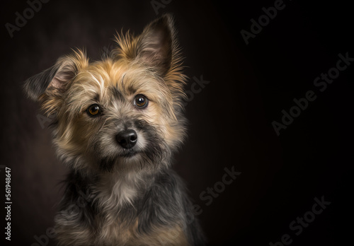 Dog terrier mix small scruffy pet dog image, on dark background. Pet Dog has expressive eyes. Image was created with digital art. 
