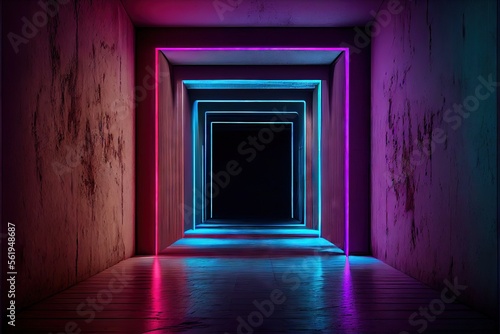 Neon Laser Cyber Purple Red Blue Square Frame Lights On Medieval Wood Grunge Tunnel Corridor Concrete Glossy Cement Floor Showroom Club Dark Stage 3D Rendering. AI generated art illustration.  