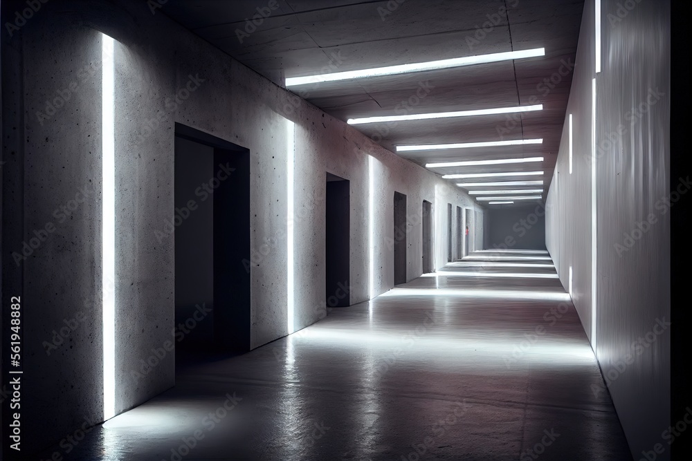 Neon Laser White Lights Hangar Garage Studio Rough Concrete Cement Asphalt Realistic Tunnel Corridor Hallway Showroom Warehouse Basement Spotlight Studio Underground. AI generated art illustration.	