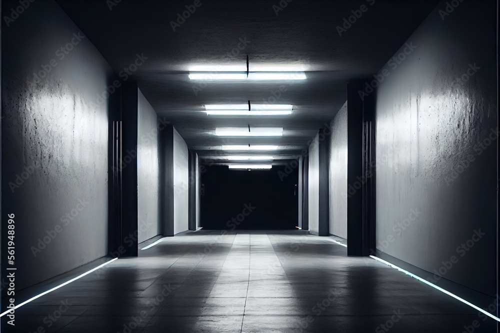 Neon Laser White Lights Hangar Garage Studio Rough Concrete Cement Asphalt Realistic Tunnel Corridor Hallway Showroom Warehouse Basement Spotlight Studio Underground. AI generated art illustration. Neon Laser White Lights Hangar Garage Studio Rough Concrete Cement Asphalt Realistic Tunnel Corridor Hallway Showroom Warehouse Basement Spotlight Studio Underground. AI generated art illustration.