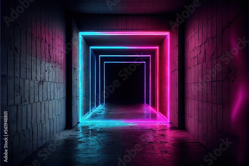 Neon Laser Cyber Purple Red Blue Square Frame Lights On Medieval Wood Grunge Tunnel Corridor Concrete Glossy Cement Floor Showroom Club Dark Stage 3D Rendering. AI generated art illustration.  