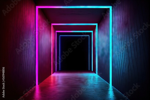 Neon Laser Cyber Purple Red Blue Square Frame Lights On Medieval Wood Grunge Tunnel Corridor Concrete Glossy Cement Floor Showroom Club Dark Stage 3D Rendering. AI generated art illustration. 