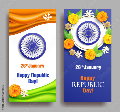 Greeting banners for Republic Day of India with National colors, flowers and Ashoka chakra wheel (spinning wheel). Vector set.