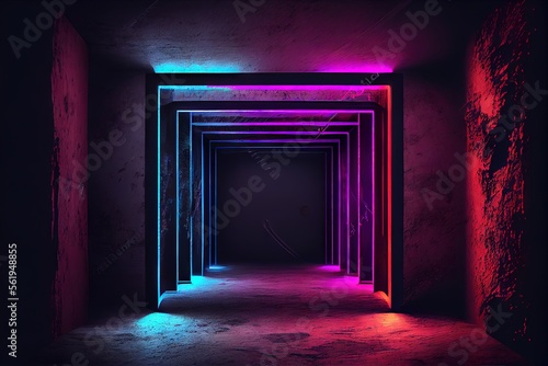 Neon Laser Cyber Purple Red Blue Square Frame Lights On Medieval Wood Grunge Tunnel Corridor Concrete Glossy Cement Floor Showroom Club Dark Stage 3D Rendering. AI generated art illustration. 