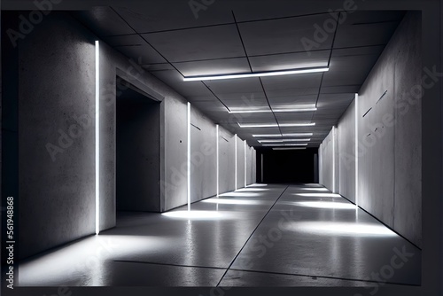 Neon Laser Cyber Purple Red Blue Square Frame Lights On Medieval Wood Grunge Tunnel Corridor Concrete Glossy Cement Floor Showroom Club Dark Stage 3D Rendering. AI generated art illustration. 