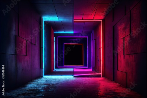 Neon Laser Cyber Purple Red Blue Square Frame Lights On Medieval Wood Grunge Tunnel Corridor Concrete Glossy Cement Floor Showroom Club Dark Stage 3D Rendering. AI generated art illustration.  