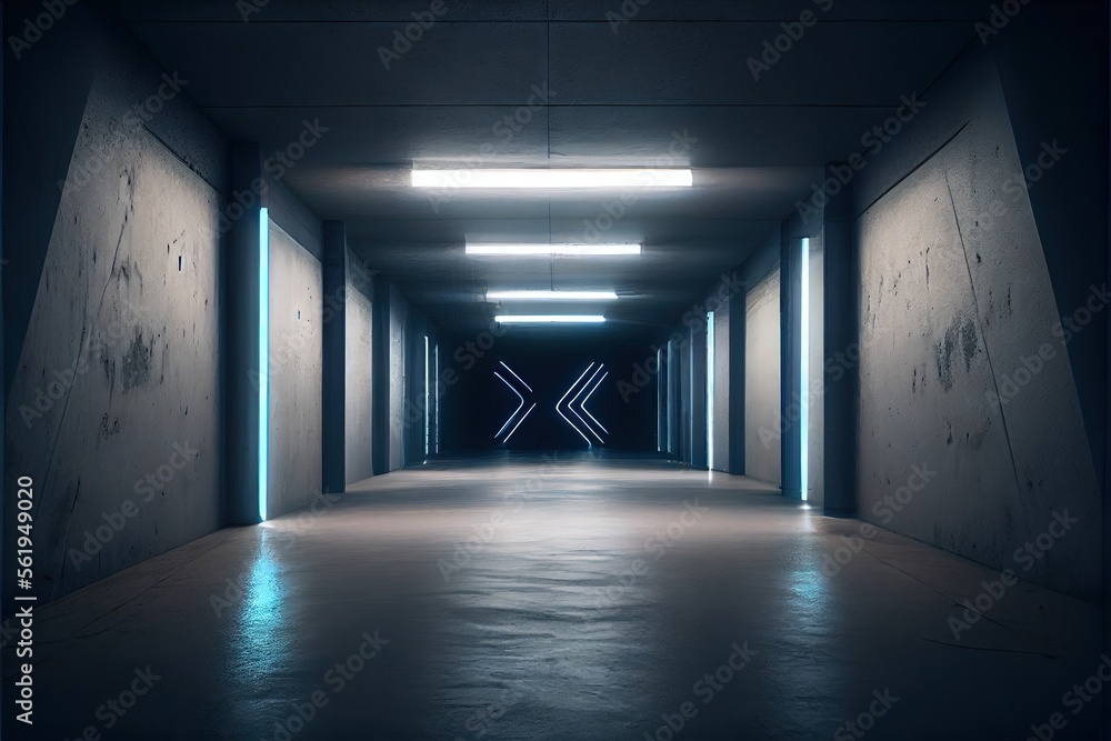 Neon Laser White Lights Hangar Garage Studio Rough Concrete Cement Asphalt Realistic Tunnel Corridor Hallway Showroom Warehouse Basement Spotlight Studio Underground. AI generated art illustration. Neon Laser White Lights Hangar Garage Studio Rough Concrete Cement Asphalt Realistic Tunnel Corridor Hallway Showroom Warehouse Basement Spotlight Studio Underground. AI generated art illustration.