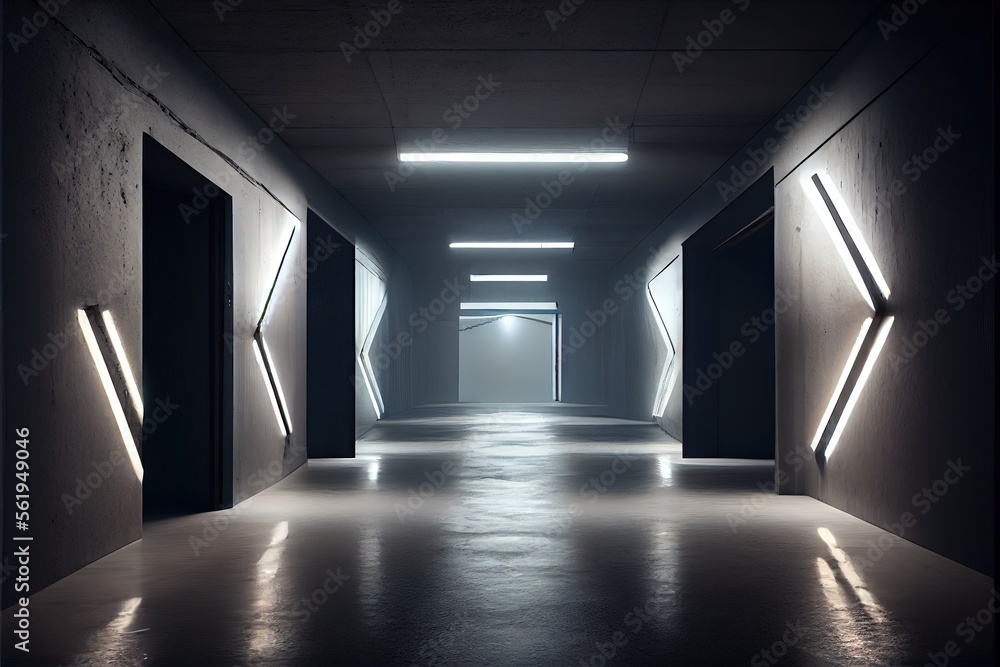Neon Laser White Lights Hangar Garage Studio Rough Concrete Cement Asphalt Realistic Tunnel Corridor Hallway Showroom Warehouse Basement Spotlight Studio Underground. AI generated art illustration. Neon Laser White Lights Hangar Garage Studio Rough Concrete Cement Asphalt Realistic Tunnel Corridor Hallway Showroom Warehouse Basement Spotlight Studio Underground. AI generated art illustration.