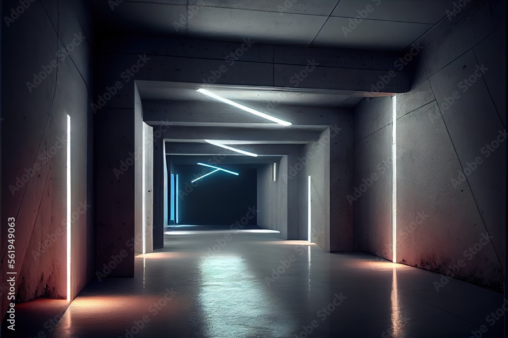 Neon Laser White Lights Hangar Garage Studio Rough Concrete Cement Asphalt Realistic Tunnel Corridor Hallway Showroom Warehouse Basement Spotlight Studio Underground. AI generated art illustration. Neon Laser White Lights Hangar Garage Studio Rough Concrete Cement Asphalt Realistic Tunnel Corridor Hallway Showroom Warehouse Basement Spotlight Studio Underground. AI generated art illustration.