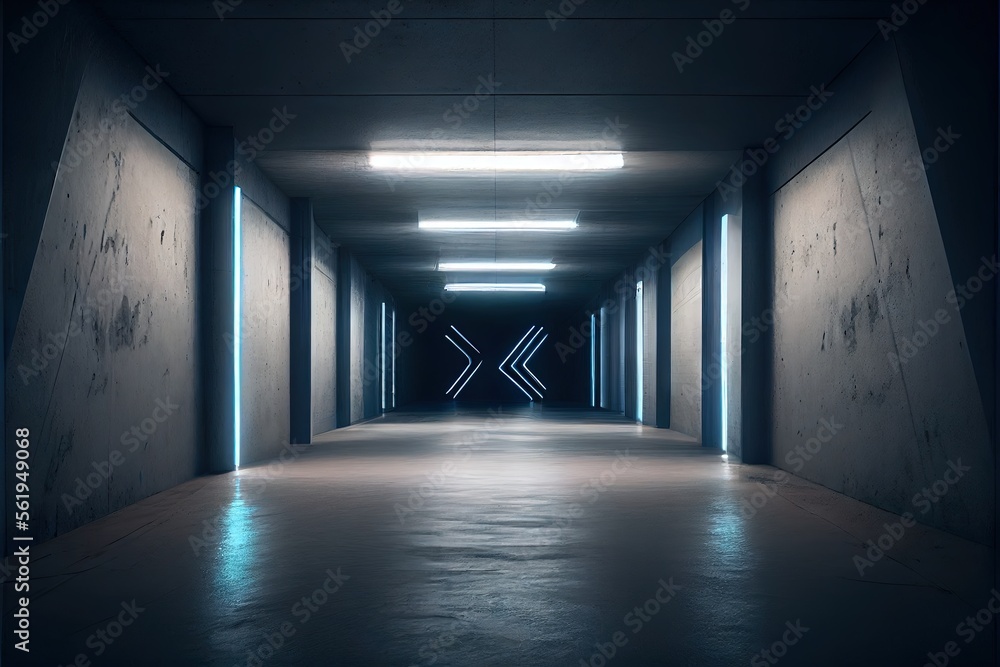 Neon Laser White Lights Hangar Garage Studio Rough Concrete Cement Asphalt Realistic Tunnel Corridor Hallway Showroom Warehouse Basement Spotlight Studio Underground. AI generated art illustration. Neon Laser White Lights Hangar Garage Studio Rough Concrete Cement Asphalt Realistic Tunnel Corridor Hallway Showroom Warehouse Basement Spotlight Studio Underground. AI generated art illustration.