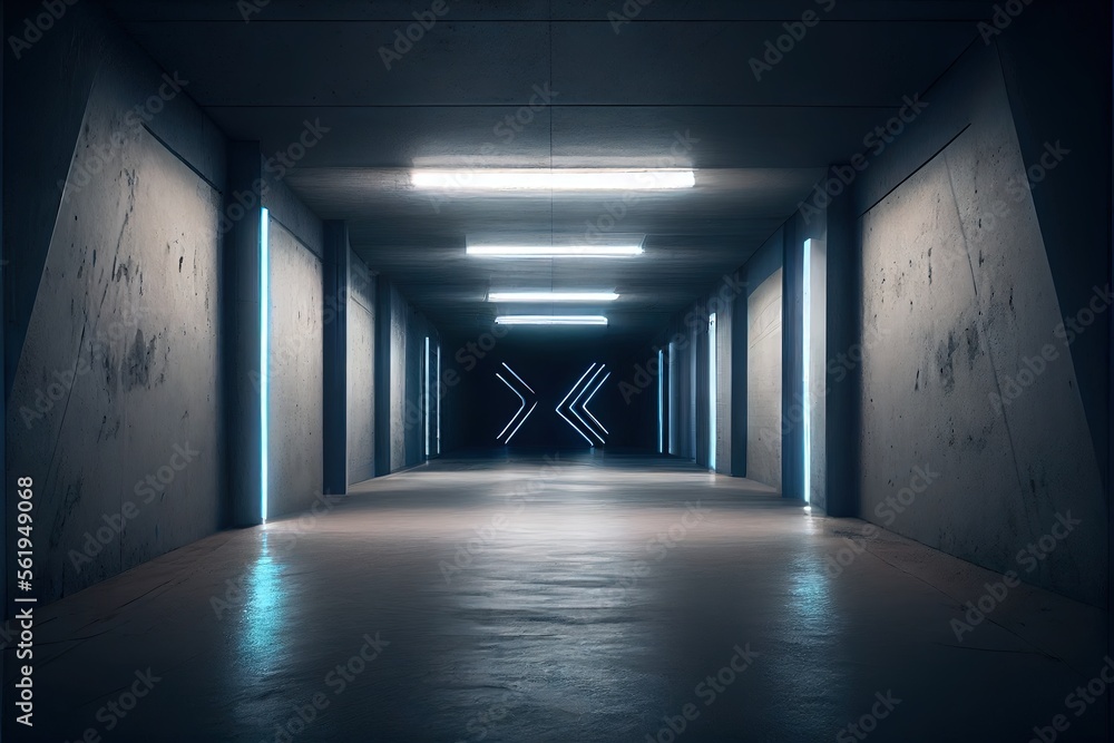 Neon Laser White Lights Hangar Garage Studio Rough Concrete Cement Asphalt Realistic Tunnel Corridor Hallway Showroom Warehouse Basement Spotlight Studio Underground. AI generated art illustration.	