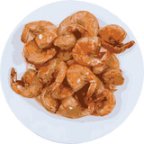 Vector of plate of shrimps with shells are stir-fried. The shrimp shell is still on to protect the shrimp from shrinking due to heat. White background with photo and vector for design idea.