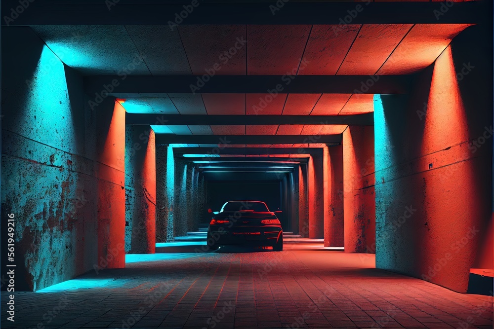 Neon Lights Grunge Sci Fi Underground Garage Car Room Cement Asphalt Concrete Brick Wall Realistic Blue Orange Colors Cyber Background 3D Rendering. AI generated art illustration.