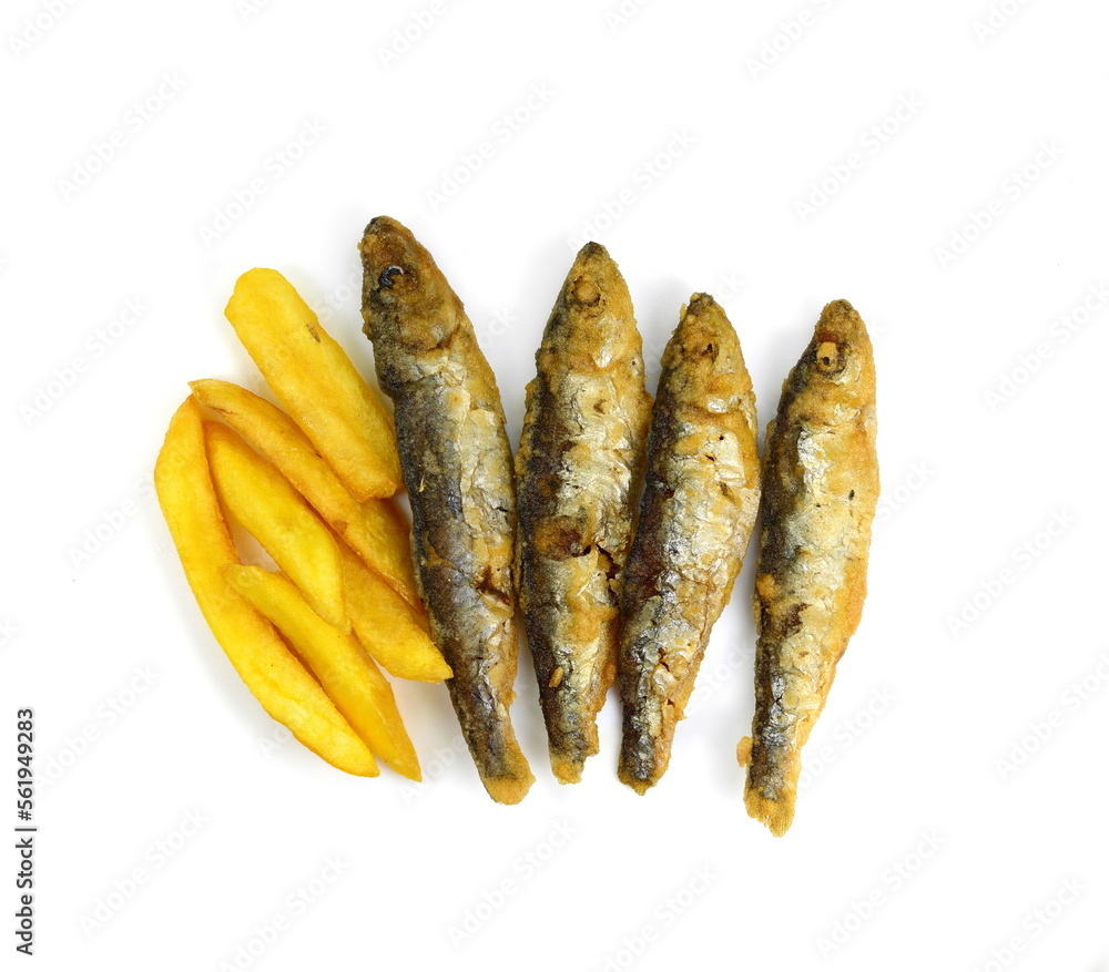 Deep Fried small Fishes Isolated On White Background. Simply food ,simply cooking - fried anchovies with potatoes. Deep Fried small Fishes Isolated On White Background. Simply food ,simply cooking - fried anchovies with potatoes.