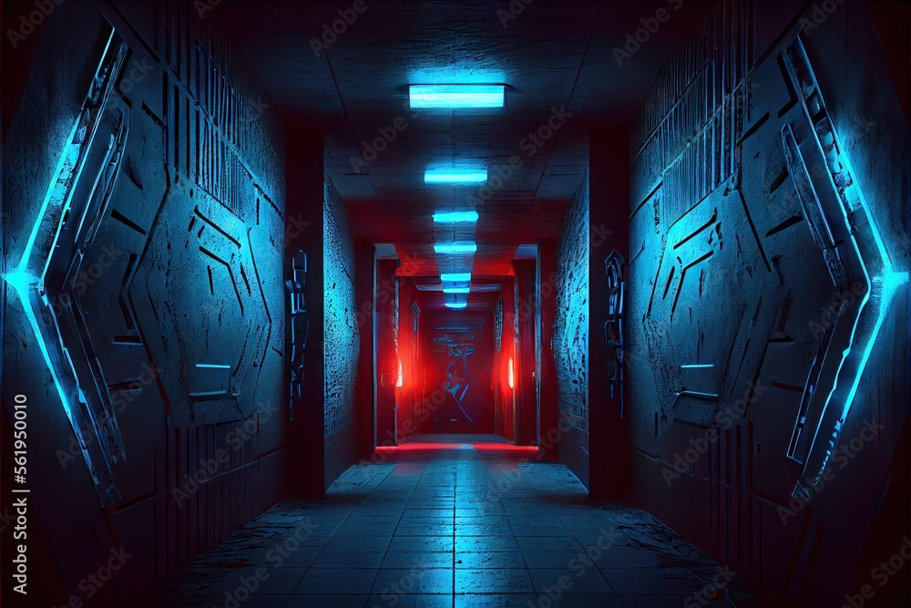 Sci Fi Alien Cyber Dark Hallway Room Corridor Neon Blue Lights On Stands Glossy Concrete Floor Brick Wall Rough Grunge 3D Rendering. AI generated art illustration.	
