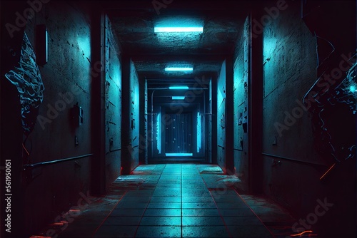 Sci Fi Alien Cyber Dark Hallway Room Corridor Neon Blue Lights On Stands Glossy Concrete Floor Brick Wall Rough Grunge 3D Rendering. AI generated art illustration. 