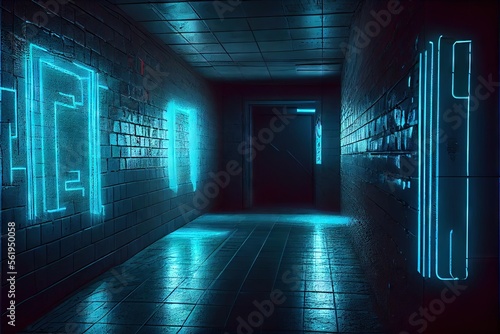 Sci Fi Alien Cyber Dark Hallway Room Corridor Neon Blue Lights On Stands Glossy Concrete Floor Brick Wall Rough Grunge 3D Rendering. AI generated art illustration. 