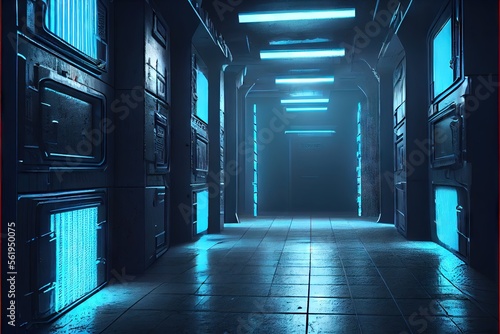 Sci Fi Alien Cyber Dark Hallway Room Corridor Neon Blue Lights On Stands Glossy Concrete Floor Brick Wall Rough Grunge 3D Rendering. AI generated art illustration. 