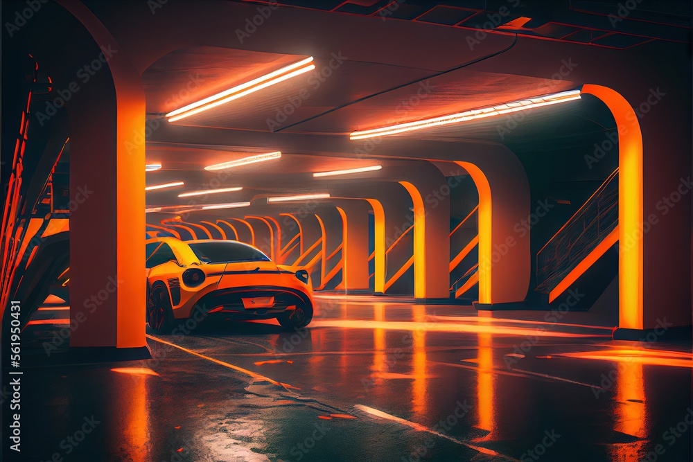 Sci Fi Futuristic Modern Parking Neon Glowing Laser Orange Yellow Cement  Concrete Reflective Dark Underground Car Showroom Warehouse Garage  Background 3D Rendering. AI generated art illustration. Stock Illustration