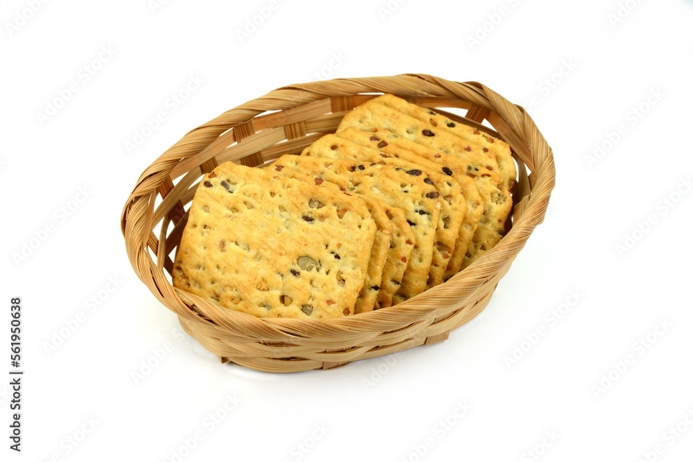 Top view of a group multigrain flatbread crackers isolated on a white background.