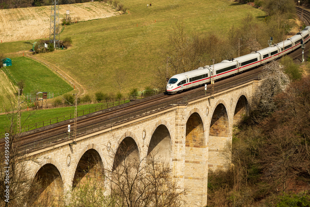 Obraz premium High speed train crossing the Altenbeken Viaduct, a 482 meters long and up to 35 meters high railway viaduct that spans the Beke valley, west of the town of Altenbeken, Teutoburg Forest, Germany