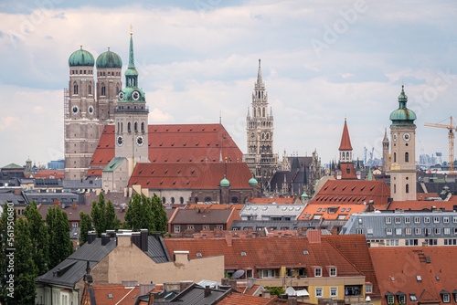 Panorama of Munich (German: München) the capital of the German state of Bavaria with Marienplatz with Neues Rathaus and Frauenkirche in the background