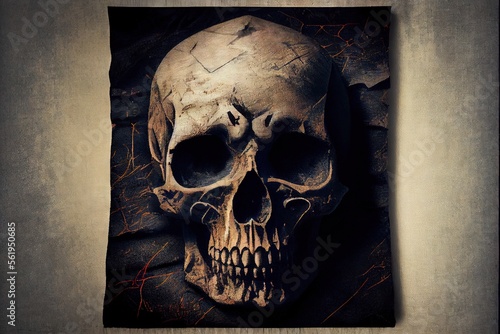 Skull and crossbones. Pirate old fabric with one patche texture. AI generated art illustration.