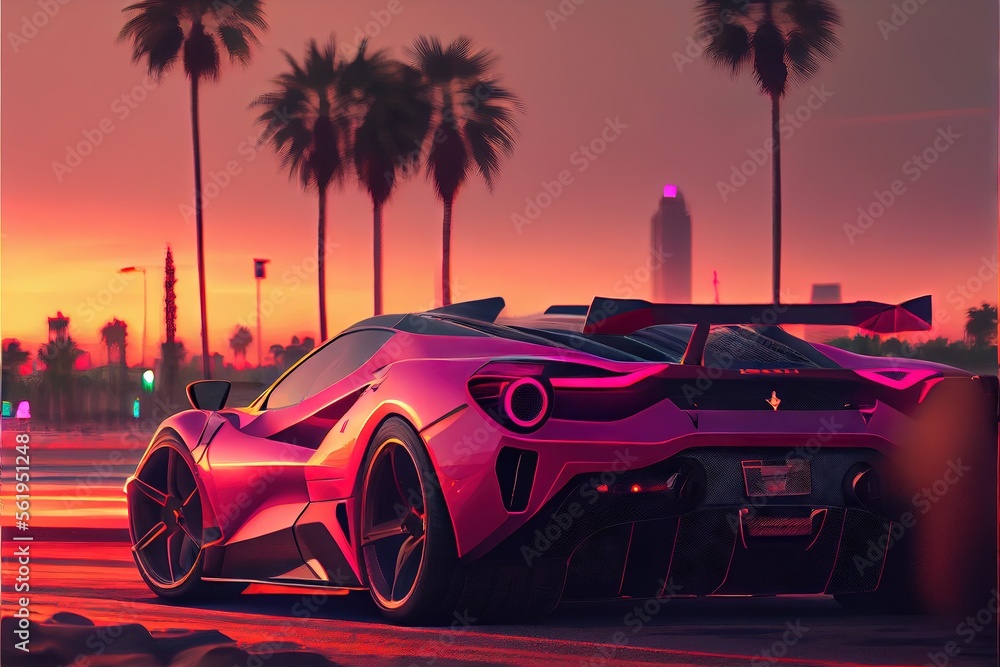 Car on the beach. Sunset on the beach. AI generated art illustration.