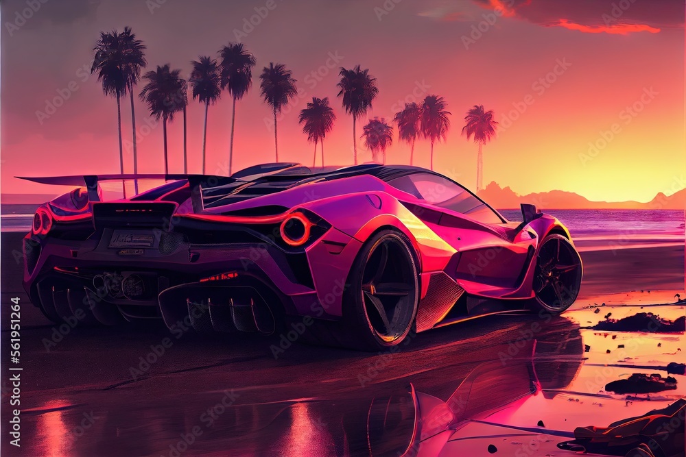 Car on the beach. Sunset on the beach. AI generated art illustration ...