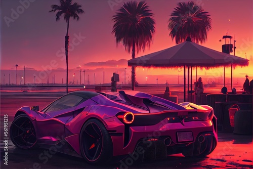 Car on the beach. Sunset on the beach. AI generated art illustration.