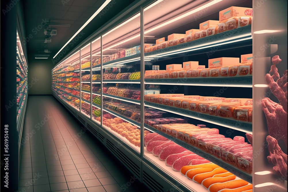 Artificial meat on supermarket shelves, Cultured meat, concept of new
