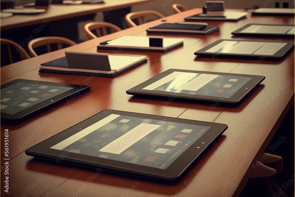 Group of tablets on a desk in a classroom, created with Generative AI technology Group of tablets on a desk in a classroom, created with Generative AI technology