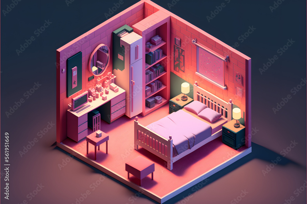 Isometric Pink Bedroom