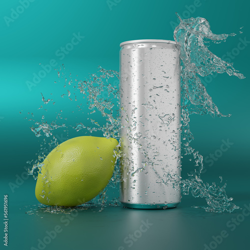Mockup lime with can and drop and splash of water high quality details - 3d rendering 