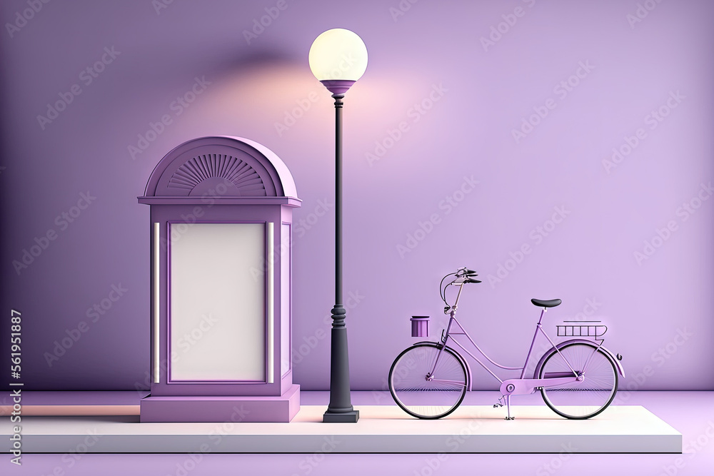 a bicycle and city bus stop, a street light, and a soft purple background. original composition copy space on a light background. in a studio, presentation, or website. Generative AI