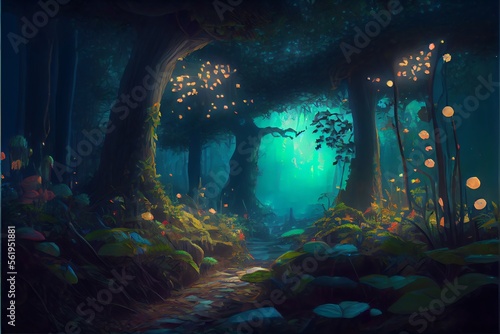 Fantasy forest scene. Generative AI