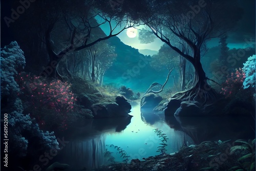 magical fantasy forest with river or lake. background.. Generative AI