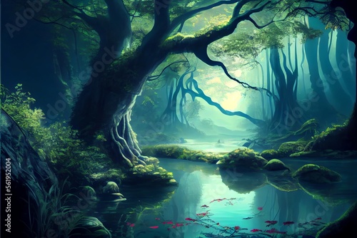 magical fantasy forest with river or lake. background.. Generative AI © Pixel Matrix