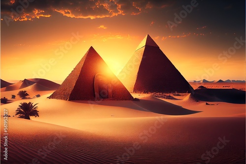 Two fictional egyptian pyramids in desert with evening sunset. Generative AI