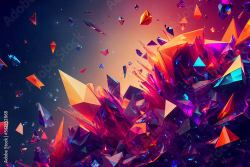 Beautiful colorful crystals explosion with sharp polygonal pieces. Colorful geometric abstract background. Highly detailed. Generative AI photo