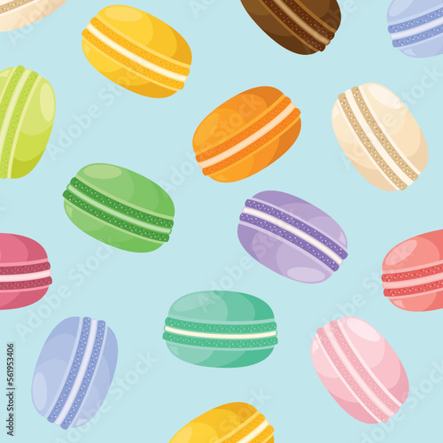 Dessert french macaroons or macaron. Seamless vector pattern for paper, wrapping, fabrics. cartoon flat design illustration art pastel colors on colorful background.