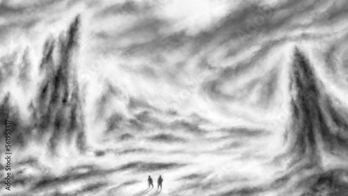 Schilderij op canvas Two men walking through valley