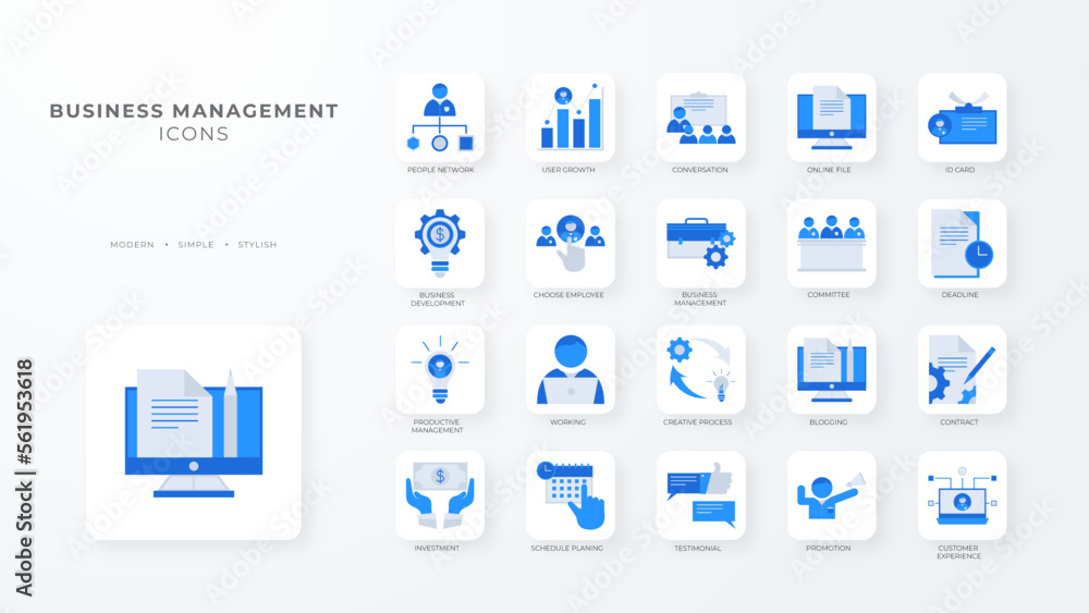 Business management icon collection with blue outline style. office, teamwork, meeting, strategy, professional, manager, corporate. Vector Illustration
