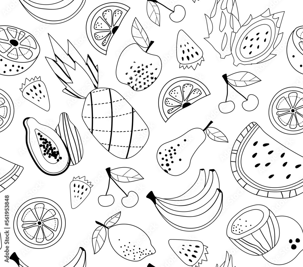 Fruits line seamless pattern. Repeating design element for printing on fabric. Tropics and exotic, natural and organic products. Pineapple, cherry and banana. Cartoon flat vector illustration