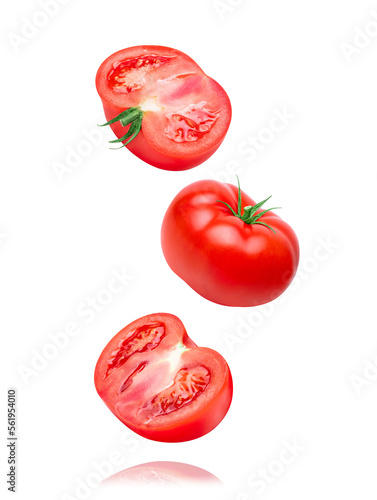 Tomato vegetables isolated on white or transparent background. Thee fresh tomatoes whole and cut half