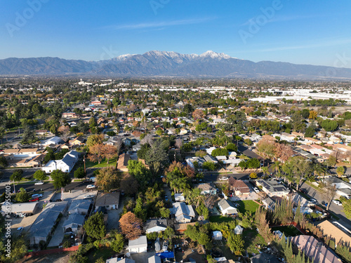 Aerial view of Ontario city in California with mountains in the background, California, USA