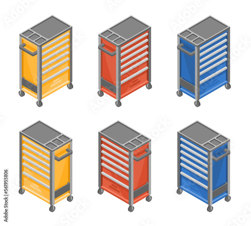 Tools Garage Cabinets Red Blue Yellow Color Set illustration isometric isolated vector