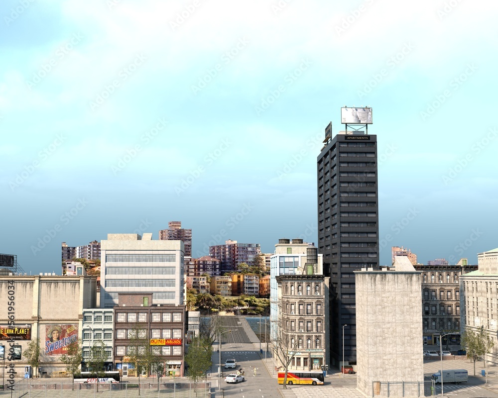 Modern buildings in city in daytime, before apocalypse. 3d rendering. Modern buildings in city in daytime, before apocalypse. 3d rendering.