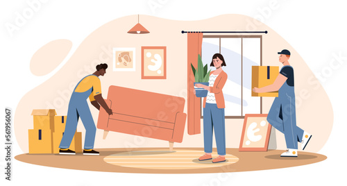 Moving to new house. Pen and women with furniture and boxes. Travel, change of apartment or home. Mistress with loaders, client. Poster or banner for website. Cartoon flat vector illustration